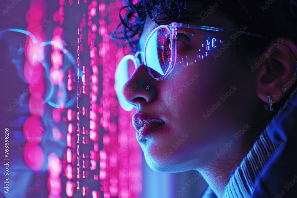 Aufkleber south asian programmer in cyberpunk neon aesthetic, focused on holographic display of complex code.