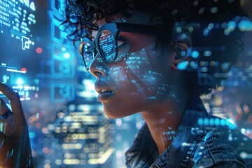 Futuristic Workspace. Woman with Short, Curly Hair and Holographic Keyboard (Alternate)