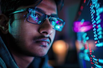 South Asian programmer in their early 20s, focused on a holographic display of complex code, featuring a cyberpunk neon aesthetic.