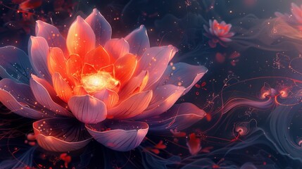 Obraz na płótnie Canvas An illustration of a lotus flower with each petal representing a different chakra. The flowers center is a spinning glowing disk symbolizing the balance and harmony achieved