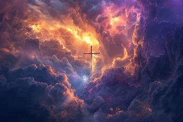 Fotobehang Majestic cross against swirling clouds, symbolizing faith and hope. © Postproduction