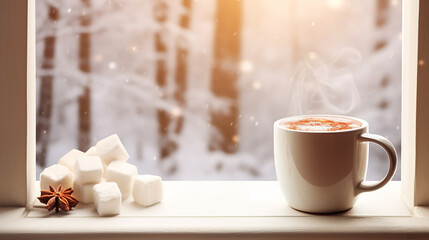 Obraz na płótnie Canvas mug of hot cocoa or hot chocolate with marshmallow