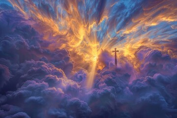 Majestic Cross in Swirling Clouds. A powerful image of faith and hope, featuring a majestic cross standing tall against swirling clouds, illuminated by rays of sunlight.