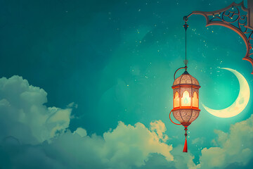 Obraz premium Lantern Islamic with mosque for Ramadan Kareem and eid mubarak. Islamic lantern and Half Moon pattern, background. and illustration 