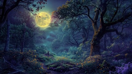 Alternative. Magical moonlit forest landscape with vivid composite effects, evoking a spooky charm.