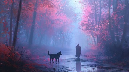 Adventure through misty woods with a loyal dog. Fantasy scene in vibrant colors.