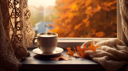 autumn background with a cup of hot coffee or tea near the window