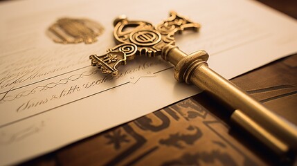 A golden key placed atop a certificate of graduation.