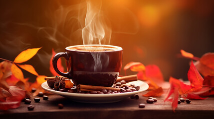 autumn hot steaming cup of coffee or tea