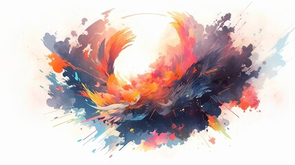 A vibrant explosion of watercolor bursts from a  round object,  Generative ai.