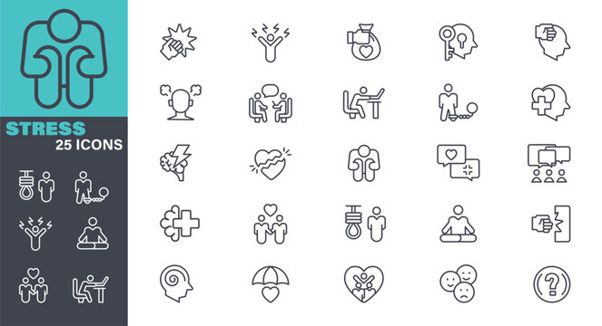 Black and white Stress and Mental Health Icons stock illustration Icon Symbol, 
Vector, Overworked, Depression, Mental Health, Emotional Stress
