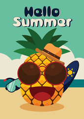 Summer time holiday travel concept with pineapple cartoon character on the beach flat design style