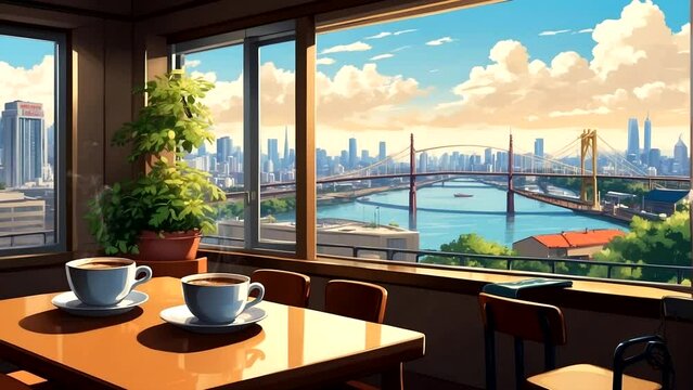 Animation of a cafe with a cup of coffee on a table overlooking a window, with a view beyond of a beautiful river and bridge Seamless looping 4k time-lapse animation video background