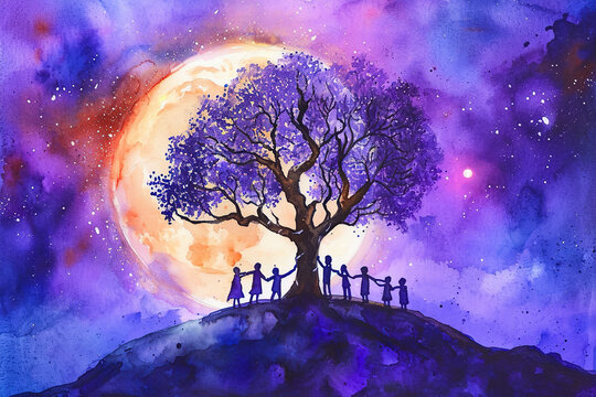 A group of people are holding hands around a tree in the night sky