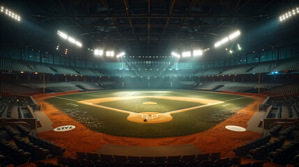 Empty baseball arena, stadium, sports ground with flashlights an - obrazy, fototapety, plakaty