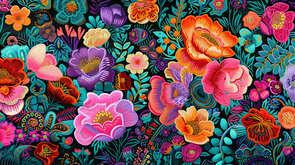 colorful floral pattern background made with embroidery in vibrant colors