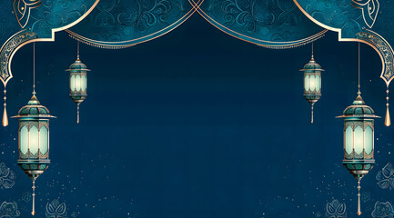 Fototapeta na wymiar A golden Ramadhan lamp with Islamic on abstract blue background. Islamic festive greeting card photo. eid mubarak background 