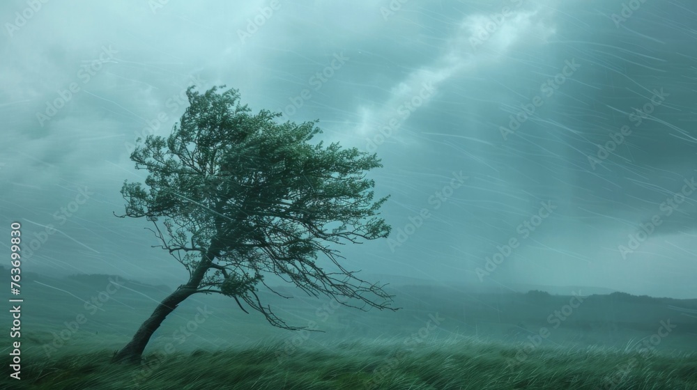 Poster a lone tree stands tall its branches thrashing in the strong winds and rain of a raging thunderstorm