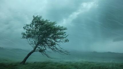 A lone tree stands tall its branches thrashing in the strong winds and rain of a raging thunderstorm.