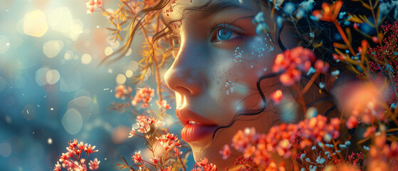 Fototapeta premium Close-up of Woman's Face with Floral Overlay and Bokeh Lights : Mystical Bloom 