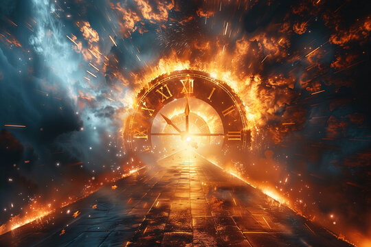 Explosive Clockwork Universe: Apocalyptic Vision with a Burning Clock : Time's Inferno
