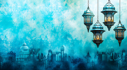 Lantern Islamic with mosque for Ramadan Kareem and eid mubarak. Islamic lantern and Half Moon pattern, background. and illustration