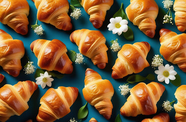Croissant pattern with white flowers top view. A beautiful illustration of fresh pastries....