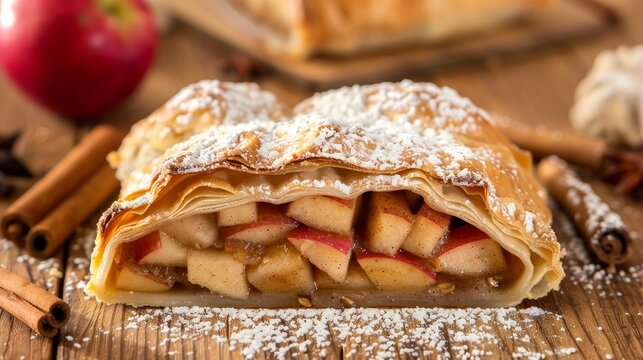 Strudel with Apple and cinnamon. Traditional layered homemade pie with fruit filling, served with