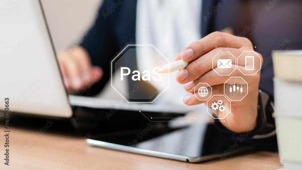 Poster paas, platform as a service concept. cloud computing service on software platform. businessman holdi