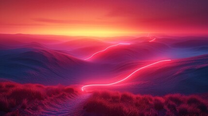 A landscape of rolling hills and valleys with arcs of neon lights crisscrossing through the air as if they are tracing invisible energy fields. - obrazy, fototapety, plakaty