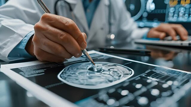 A doctor is writing on a brain scan. Concept of importance and urgency, as the doctor is likely trying to diagnose or treat a patient's condition