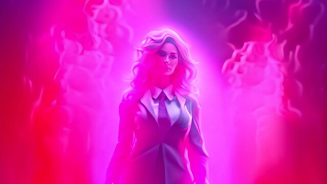 Woman in Suit and Tie Against Pink Background Generative AI