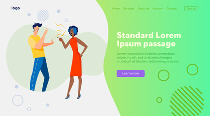 Arguing couple in conflict. Man and woman shouting and blaming each other flat vector illustration. Toxic relationship, problem, breakup concept for banner, website design or landing web page