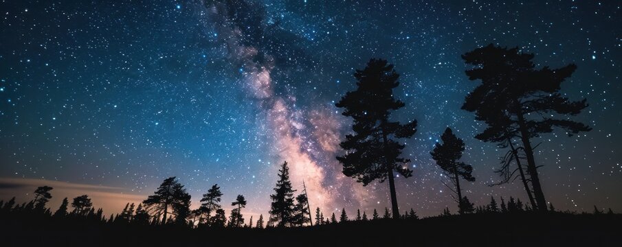 Beautiful night sky silhouette with forest and mountain views