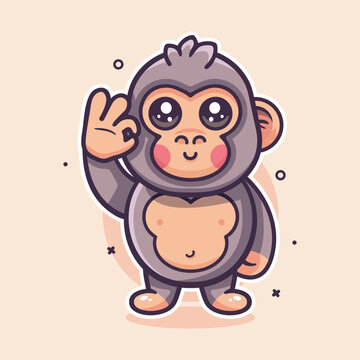 funny gorilla animal character mascot with ok sign hand gesture isolated cartoon