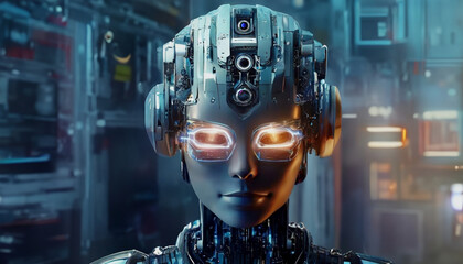 The head of an android robot with artificial intelligence in headphones and with camera lenses on a helmet, on a blurred background of a high-tech computer laboratory, on a scientific, space station - obrazy, fototapety, plakaty