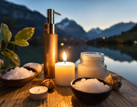 A tranquil image of a nighttime skincare routine by candlelight