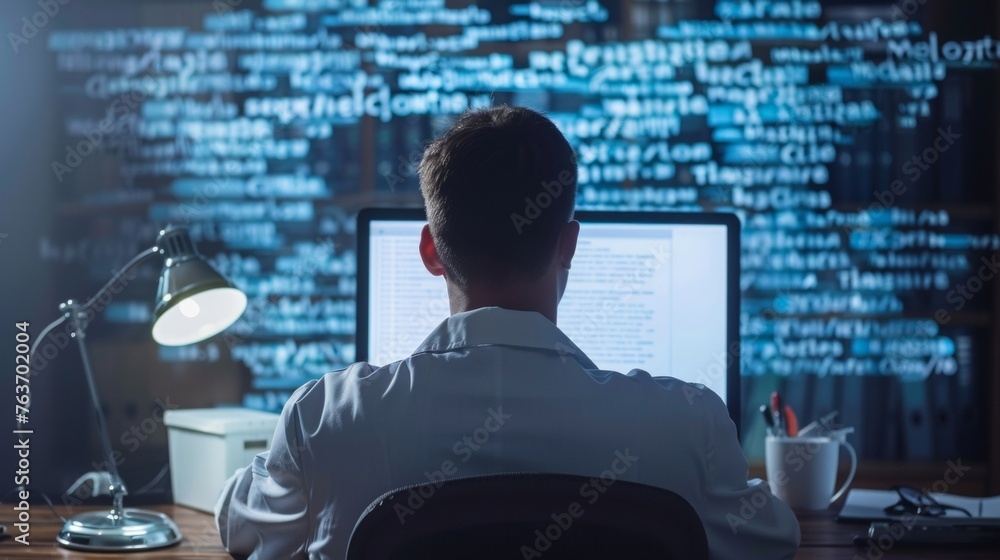 Poster a stock image of a physician sitting alone at their desk staring at a computer screen with a word cl
