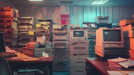 Cluttered Workspace Filled with Vintage Computers and Electronic Equipment - obrazy, fototapety, plakaty