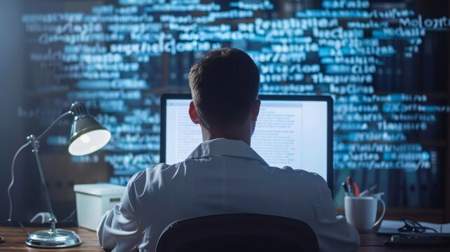 A stock image of a physician sitting alone at their desk staring at a computer screen with a word cloud of legal terms such as litigation malpractice and investigation in