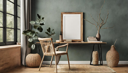 Aesthetic composition of living room interior with mock up poster frame, wooden desk, rattan chair, black rack, vase with branch, books