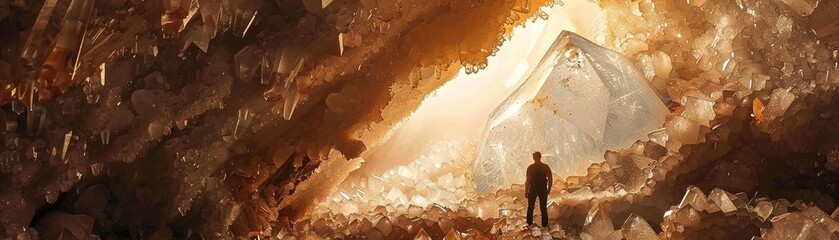 Crystal Formation Explorer Bold discoverer marveling at the stunning formations in a massive underground crystal cave photography golden hour vignette