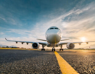 Fototapeta premium Airplane poised on airport runway in tranquil light of evening capturing intersection of travel aviation and technology scene reflects quiet moments of airliner journey after arrival or before takeoff