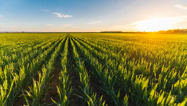 Aerial view of verdant agricultural fields in countryside. Golden sunset over vast rural farmland. Drone perspective. Lush green crop stretching to horizon. Aerial landscape