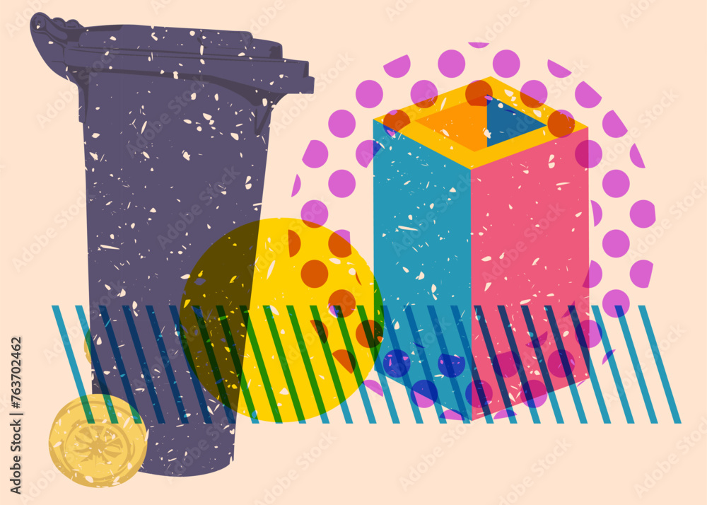 Poster risograph garbage bin with geometric shapes. objects in trendy riso graph print texture style design