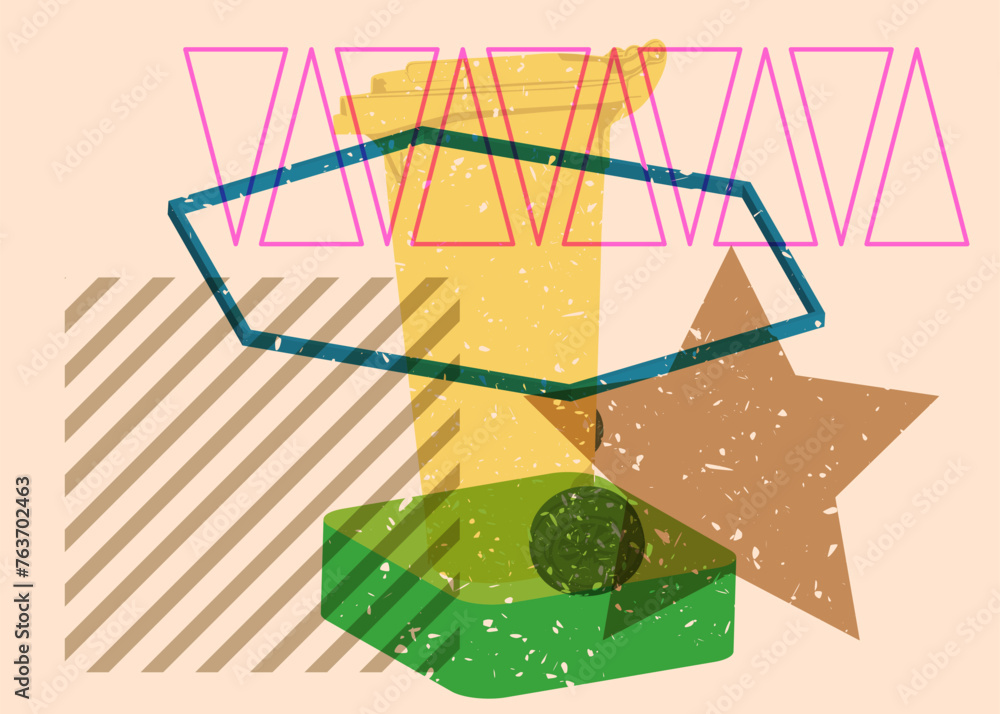 Poster risograph garbage bin with geometric shapes. objects in trendy riso graph print texture style design