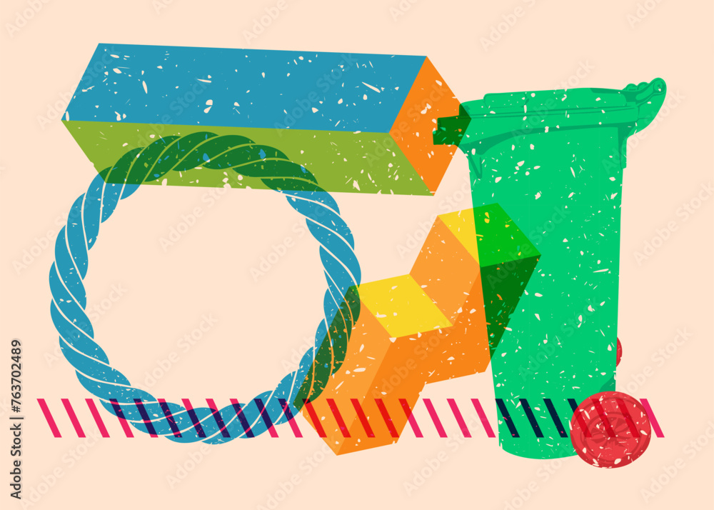 Poster risograph garbage bin with geometric shapes. objects in trendy riso graph print texture style design