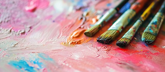 Colorful background of brushes and oil paint on a wooden palette or wall.