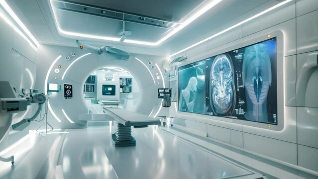 A futuristic hospital room with a large MRI machine. The room is bright and sterile, with a white color scheme. The room is equipped with a bed, a chair, and a monitor