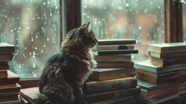Curious Cat Silky fur Mascot of a bookstore Sitting on a pile of books Rainy day outside the window Photography Backlights